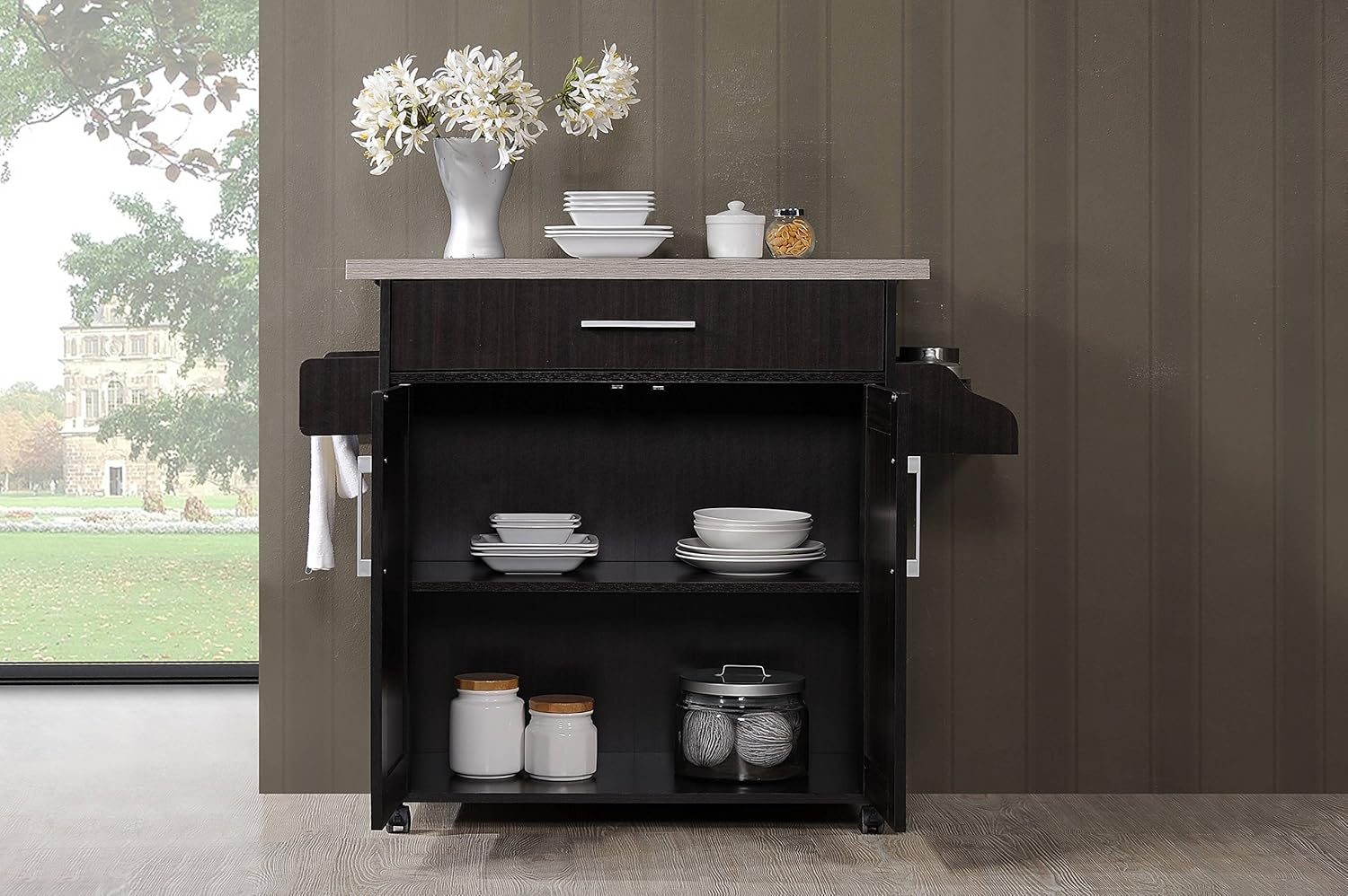 Hodedah Kitchen Island with Spice Rack, Towel Rack & Drawer, Chocolate with Grey Top: Furniture & Decor