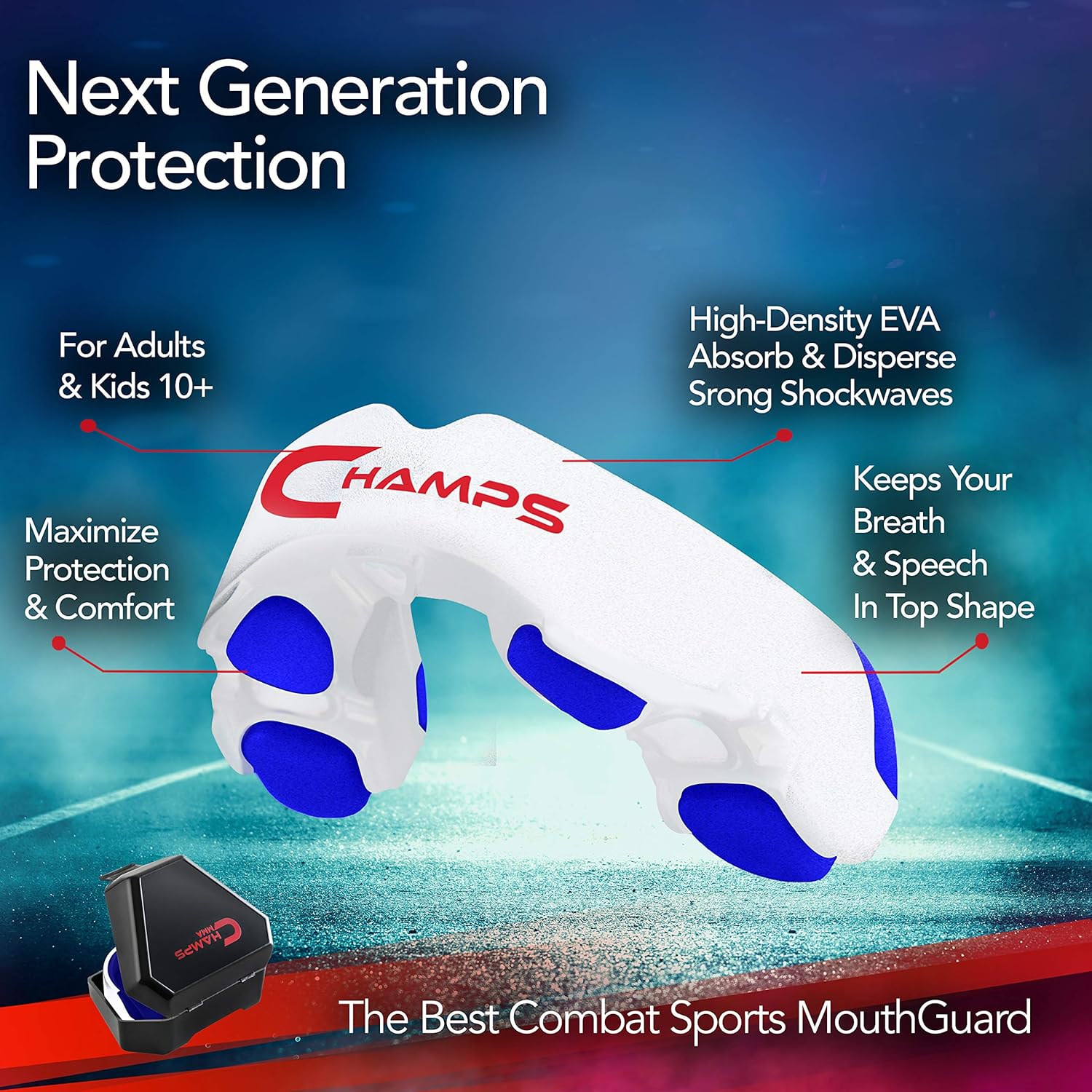 Champs MMA Mouth Guard with Case – Martial Arts Training Equipment Mouthpiece– Wrestling Mouthguard for Boxing, Muay Thai, Contact Sports for Adults and Kids 10+ Boxing Equipment (White/Blue) : Sports & Outdoors