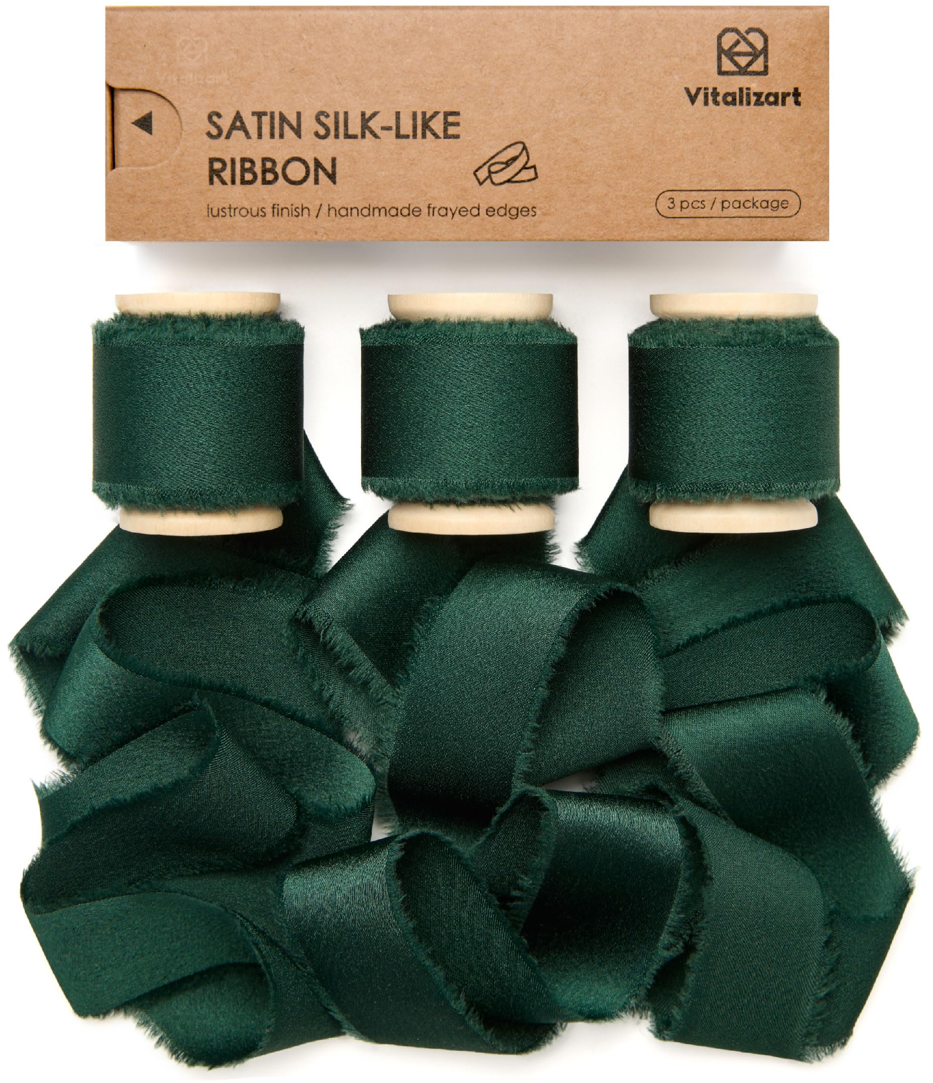 Vitalizart Green Silky Satin Ribbon 1 Inch x 15 Yard Wooden Spool, Dark Green Handmade Frayed Ribbon for Gift Wrapping Baby Shower Wedding Bridal Bouquets Holiday Decoration 3 Rolls x 5 Yard