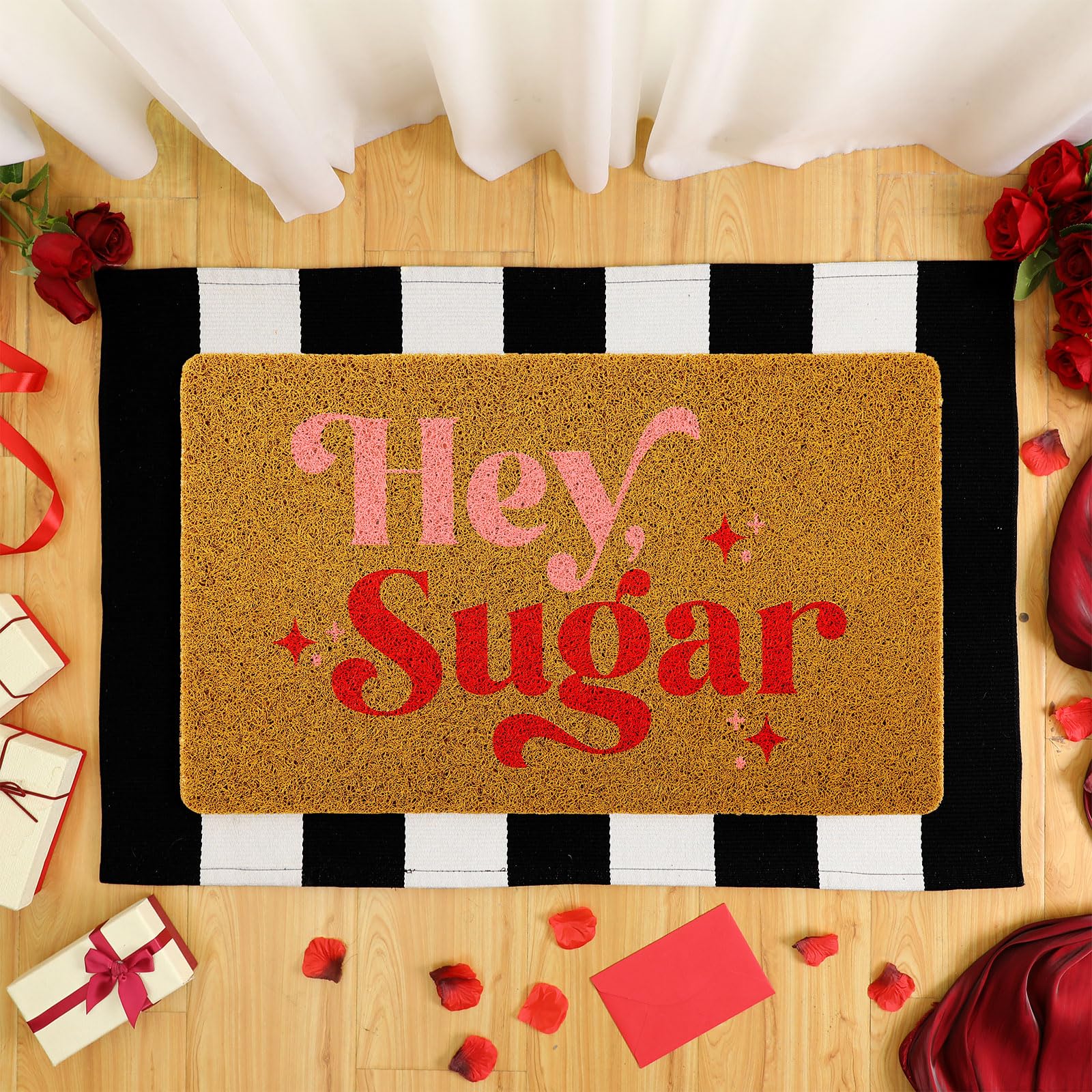 Duraaamo Set of 2 Hey Sugar Doormat Valentine‘s Day Welcome Door Mat Black and White Striped Doormat with Non Slip Rubber Backing Rug for Home Bathroom Kitchen Entrance Front Door - Image 4