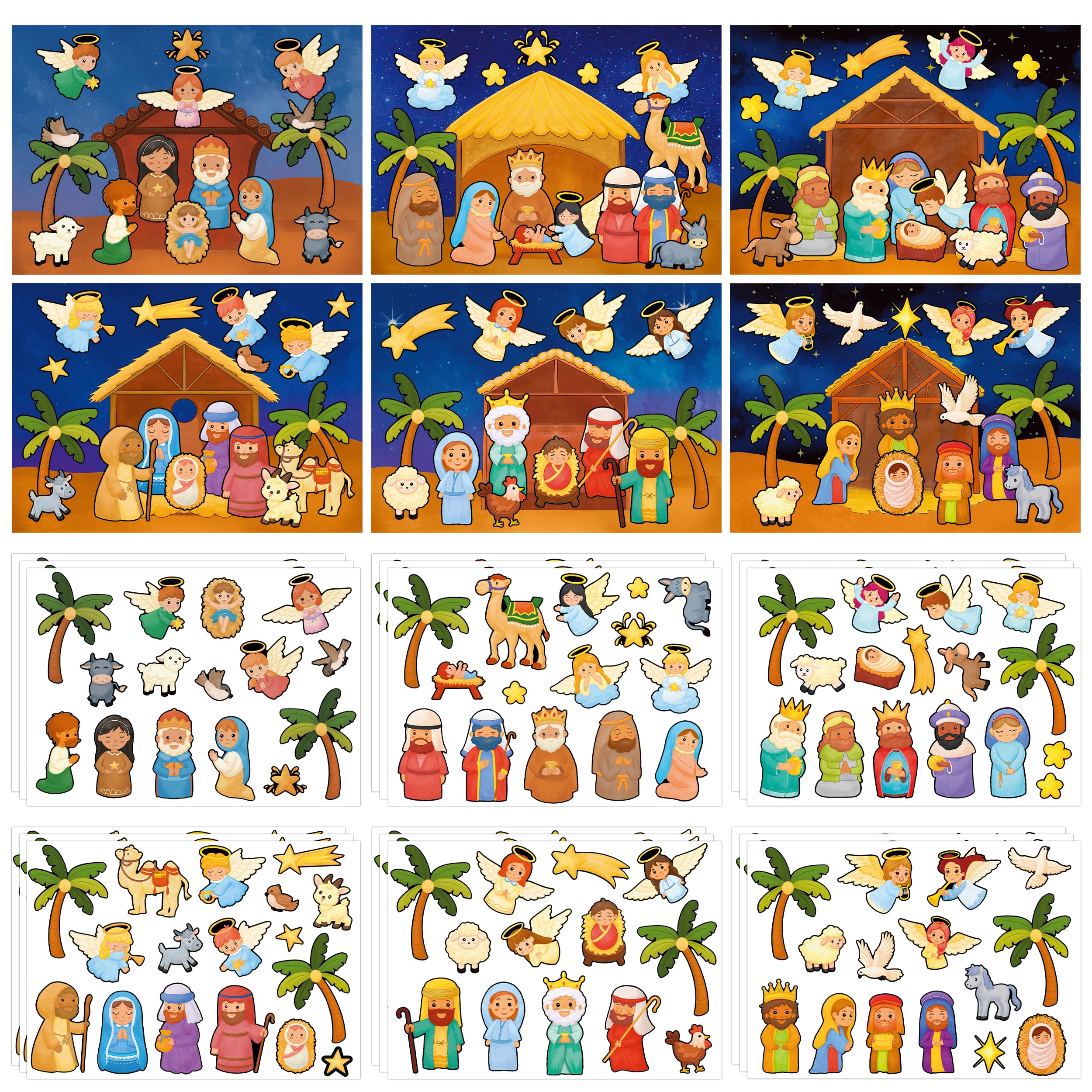LINAYE 48 Sheets Nativity Scene Stickers, Religious Christian Christmas Stickers Nativity Crafts for Kids School Classroom, Christmas Activities Games for Kids Party Favors 24 Finished Products