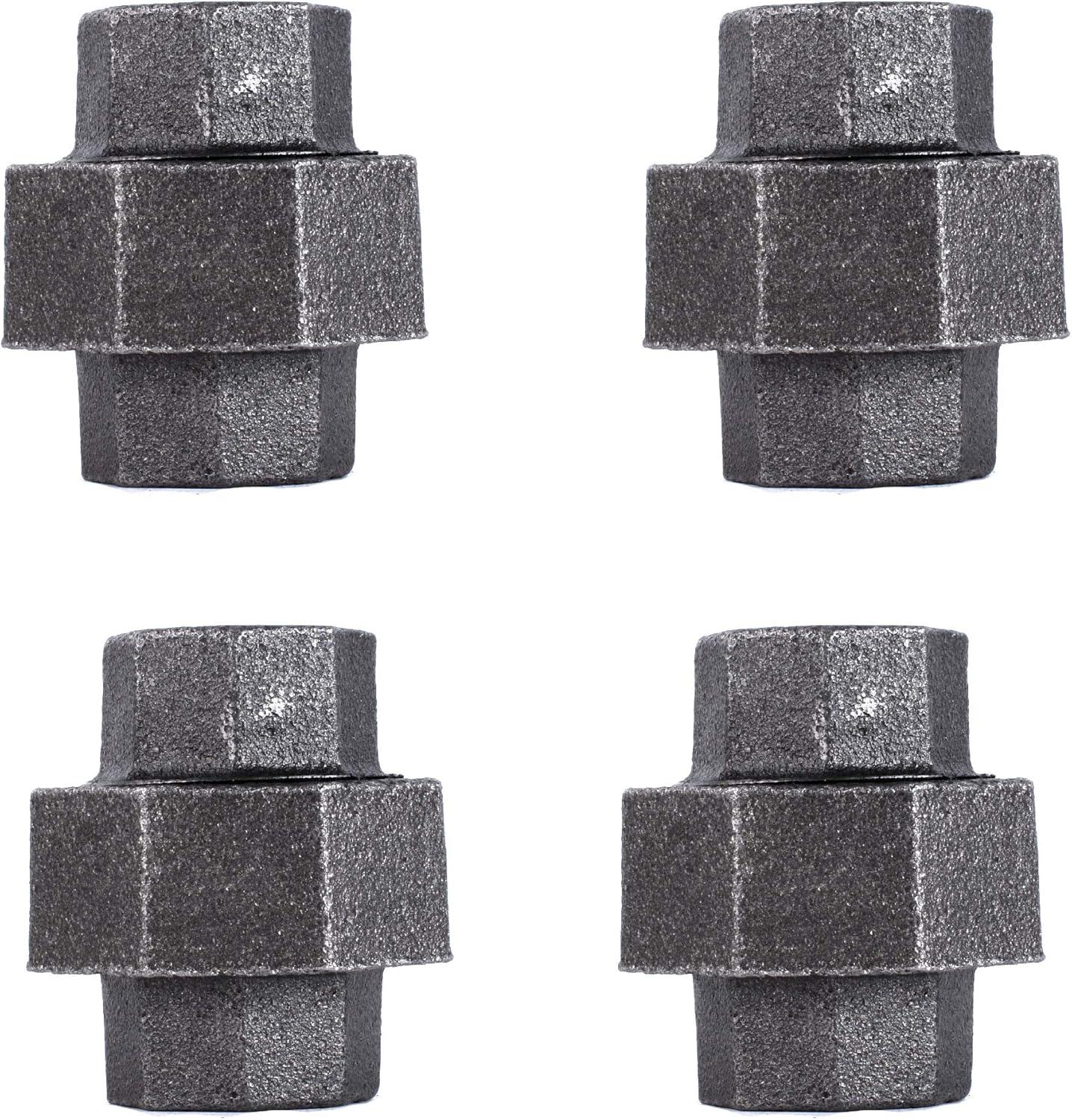 1/2 Inch Union Industrial Malleable Cast Iron Pipe Fitting 4 Pack by Pipe Decor, Pipe Components For Building Tables, Chairs, Shelving, and Custom Furniture, Fits Half Inch Pipes, Four Pack