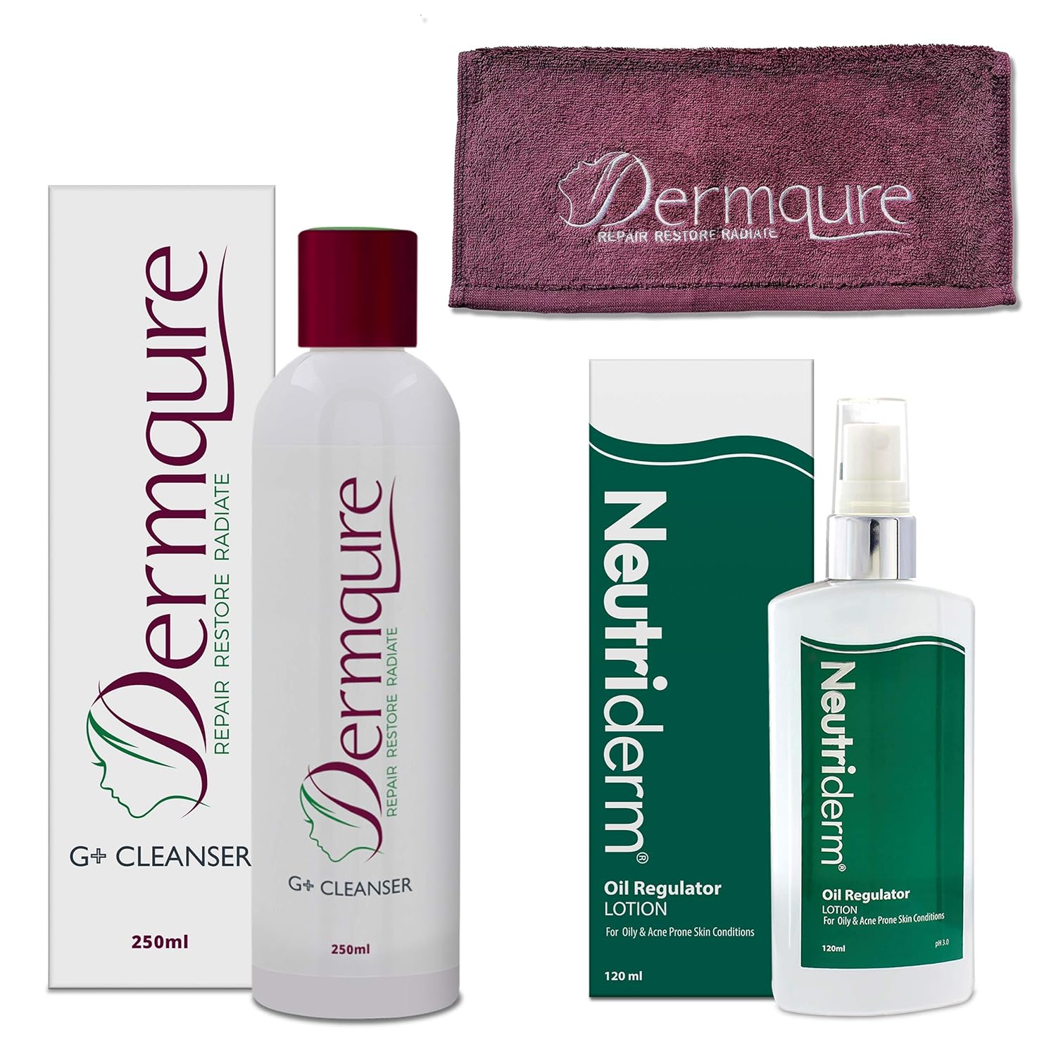 Neutriderm Skin Perfection Pack -Neutriderm Oil Regulator Lotion 120ml, Dermqure G+ Cleanser 250ml for acne and oily prone skin | Towel