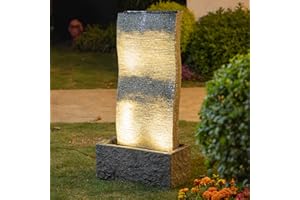 Glitzhome 38.25" H Garden Waterfall Fountain with LED Lights and Pump, Oversized Faux Stone Wall Polyresin Indoor Outdoor Floor-Standing Water Fountain for Porch Deck Patio Backyard Home Art Decor