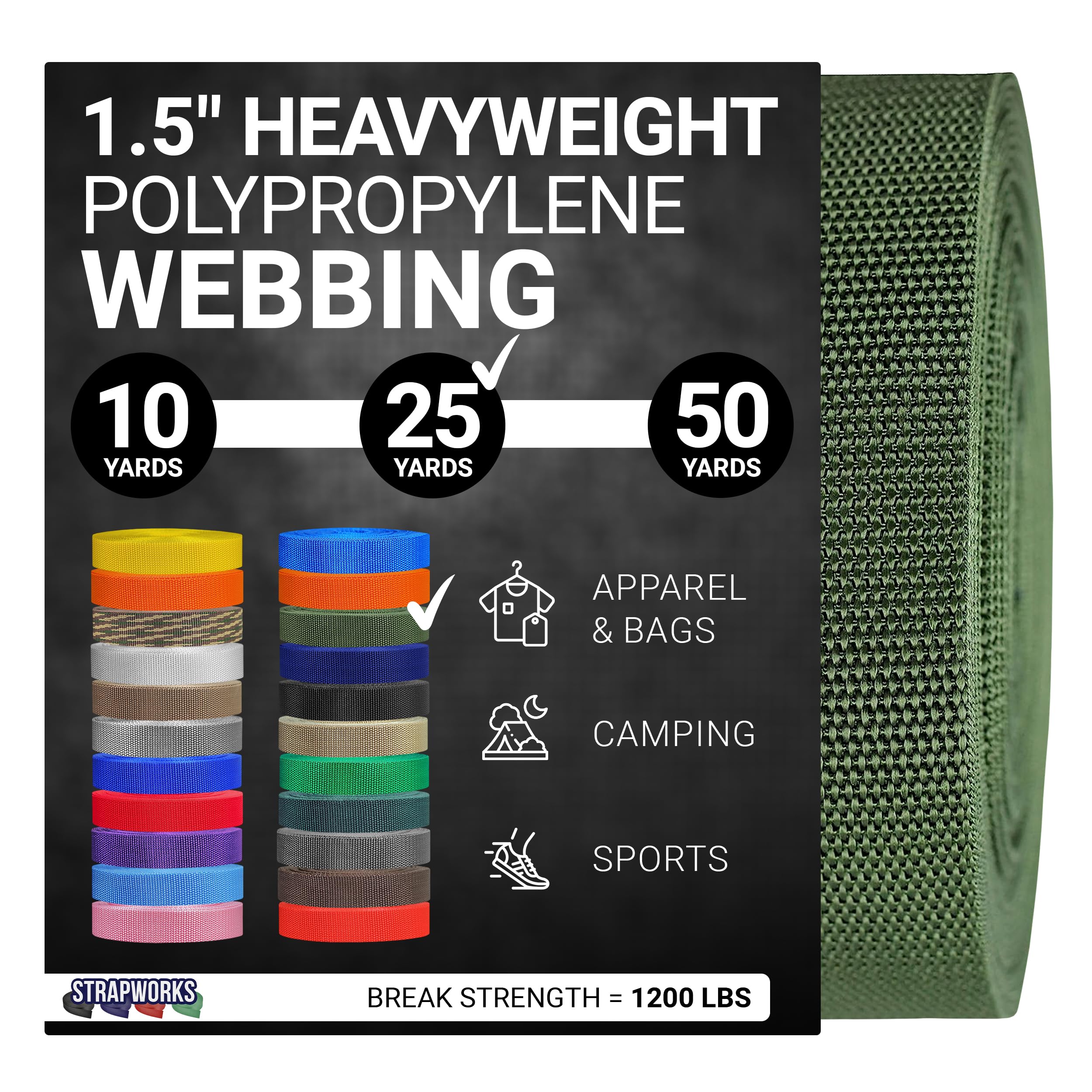 Strapworks Heavyweight Polypropylene Webbing - Heavy Duty Poly Strapping for Outdoor DIY Gear Repair, 1.5 Inch x 25 Yards, Olive Drab