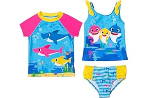 Baby Shark 3 Piece Swimsuit Set: Swim Rash Guard Tankini Top Bottom