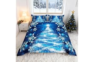 Feelyou Girls Christmas Tree Duvet Cover Blue Xmas Theme Bedding Set Chic Winter Snowflake Comforter Cover for Girls Daughter Bedroom Decor Girly Glitter Bedspread Cover King Size 3Pcs
