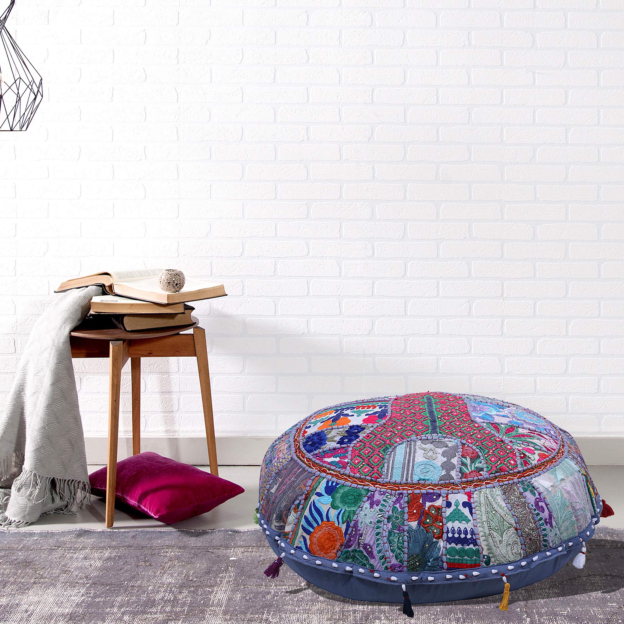 Stylo Culture Indian Round Kids Floor Pillow Bed Scatter Cushion Cover Grey 70x70 cm Vintage Patchwork Hallway Boho Big Pillows 28 inch Home Decor Cotton Embroidered Chair Seating Cover