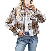 ZAAYOGARDEN Womens Cropped Flannel Shacket Plaid Button Down Shirt Long Sleeve Coat Tops Fall Clothes Fashion Outfits