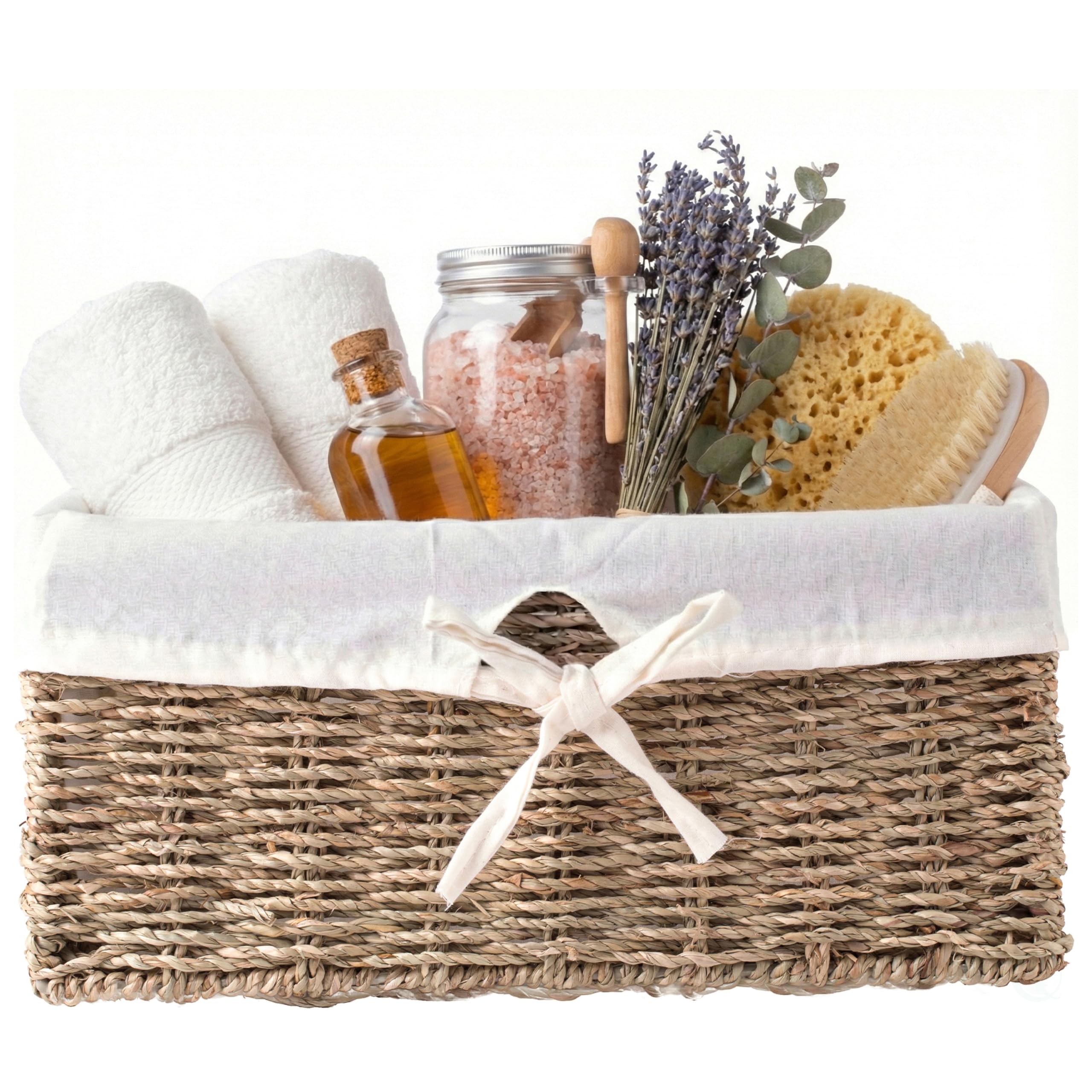 Vintiquewise Seagrass Shelf Basket Lined with Lining, Wood, Natural/White