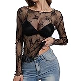 Lingswallow Lace Long Sleeve Tops for Women Floral Mesh Sexy Sheer See Through Top Boat Neck Blouse Shirt Layering Tops