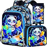 AGSDON 3PCS Kids Backpack for Boys, Panda Bookbag Preschool Kindergarten Elementary Backpacks with Lunch Box for Kids 6-8