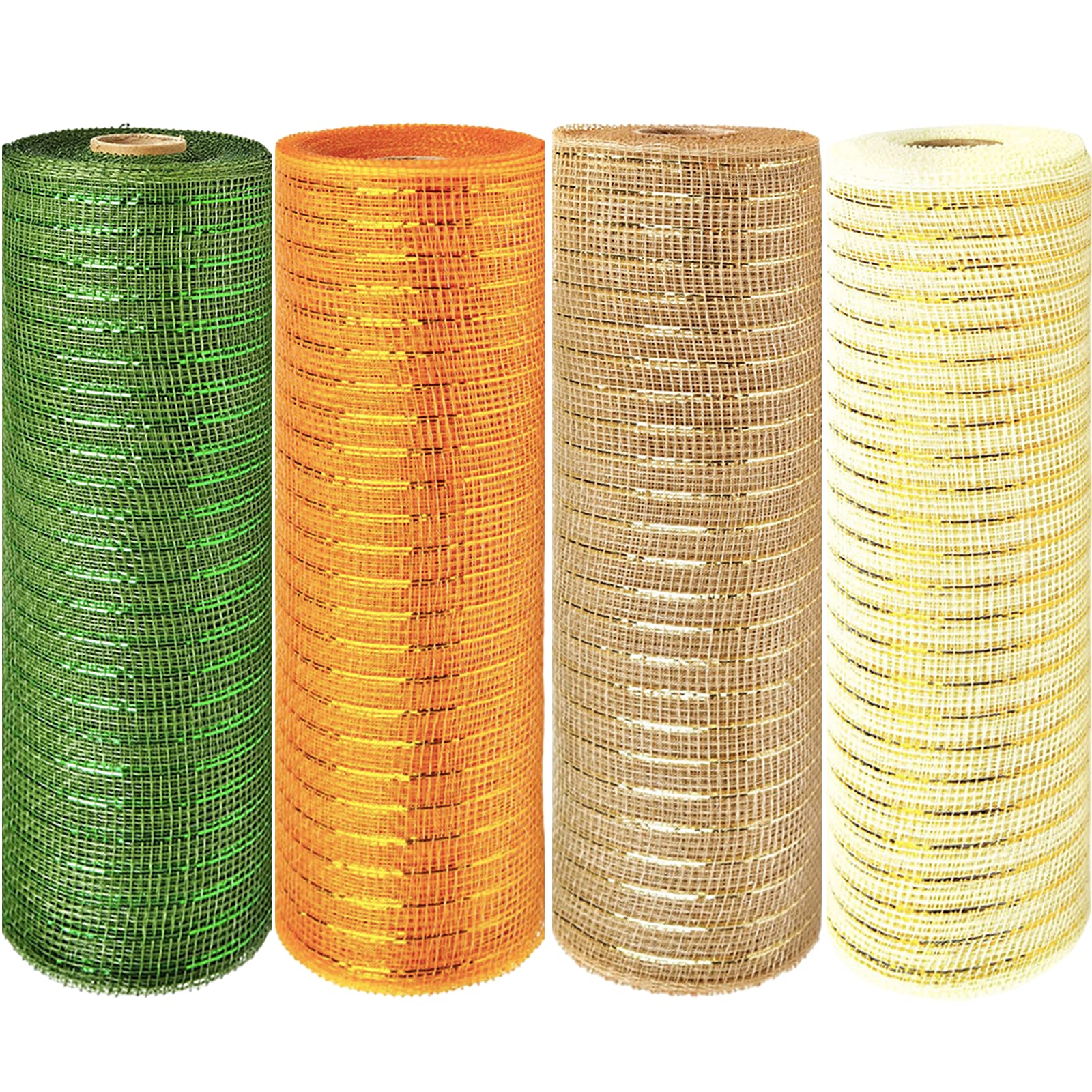 10Inch x 10Yards Deco Poly Mesh Ribbon- 4 Pack Orange/Off White/Wooden/Green Fall Deco Mesh Rolls,Autumn Metallic Foil Poly Burlap Mesh Ribbon Rolls for Wreath Making,Garland,DIY,Swag,Bow,Home Decor