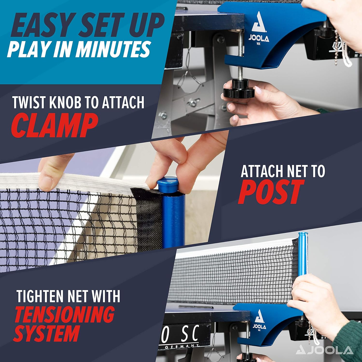 JOOLA Professional Grade WX Aluminum Indoor & Outdoor Table Tennis Net and Post Set - Quick Setup - 72in Regulation Ping Pong Net - Reinforced Cotton Blend Net w/Adjustable Tensioning System : Sports & Outdoors