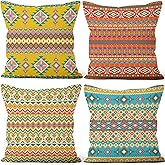Yanutan Colorful Bohemian Throw Pillow Covers, Boho Irregular Pattern Decorative Throw Pillow Case, 4-Pack Double-Side Printed Pillowcases for Sofa and Living Room, 18x18 in