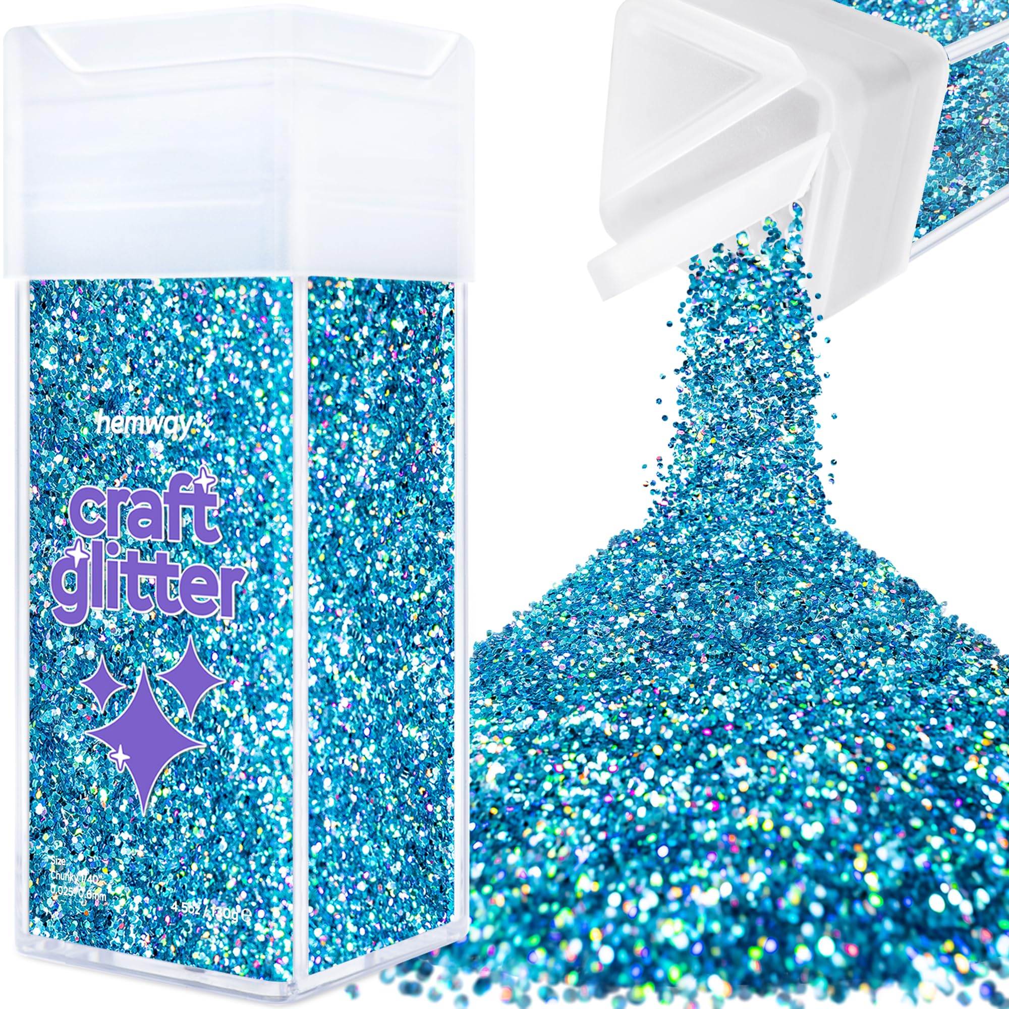 Hemway Glitter Shaker Ocean Blue Holographic 110g Chunky, Craft Glitter Shaker for Resin & Epoxy Crafts, Christmas Art Supplies, Nail, Body, Face, Eye, Festival, Crafting, Slime, Sparkle