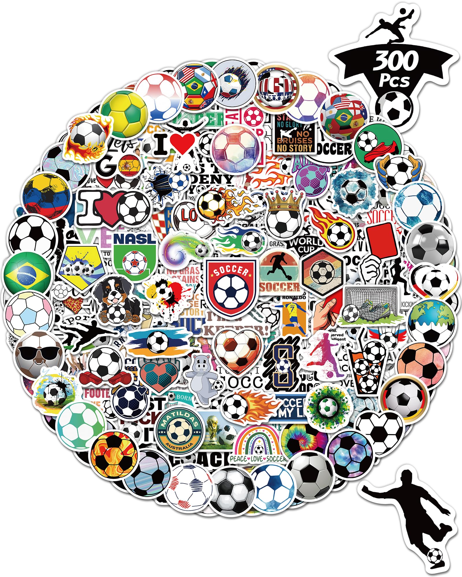 Photo 1 of 300 PCS Soccer Stickers for Kids, Waterproof Water Bottle Stickers Vinyl for Laptop Scrapbook Classroom School Students Prizes Gifts Soccer Party Favors for Kids Teens Boys Adults