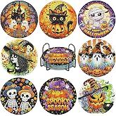 8Pcs Halloween Diamond Art Coasters Kit with Holder 4x4in | Ghost Diamond Painting Coasters for Adults Beginners, Pumpkin DIY 5D Gem Art Crafts Supplies for Coffee Drink Gifts