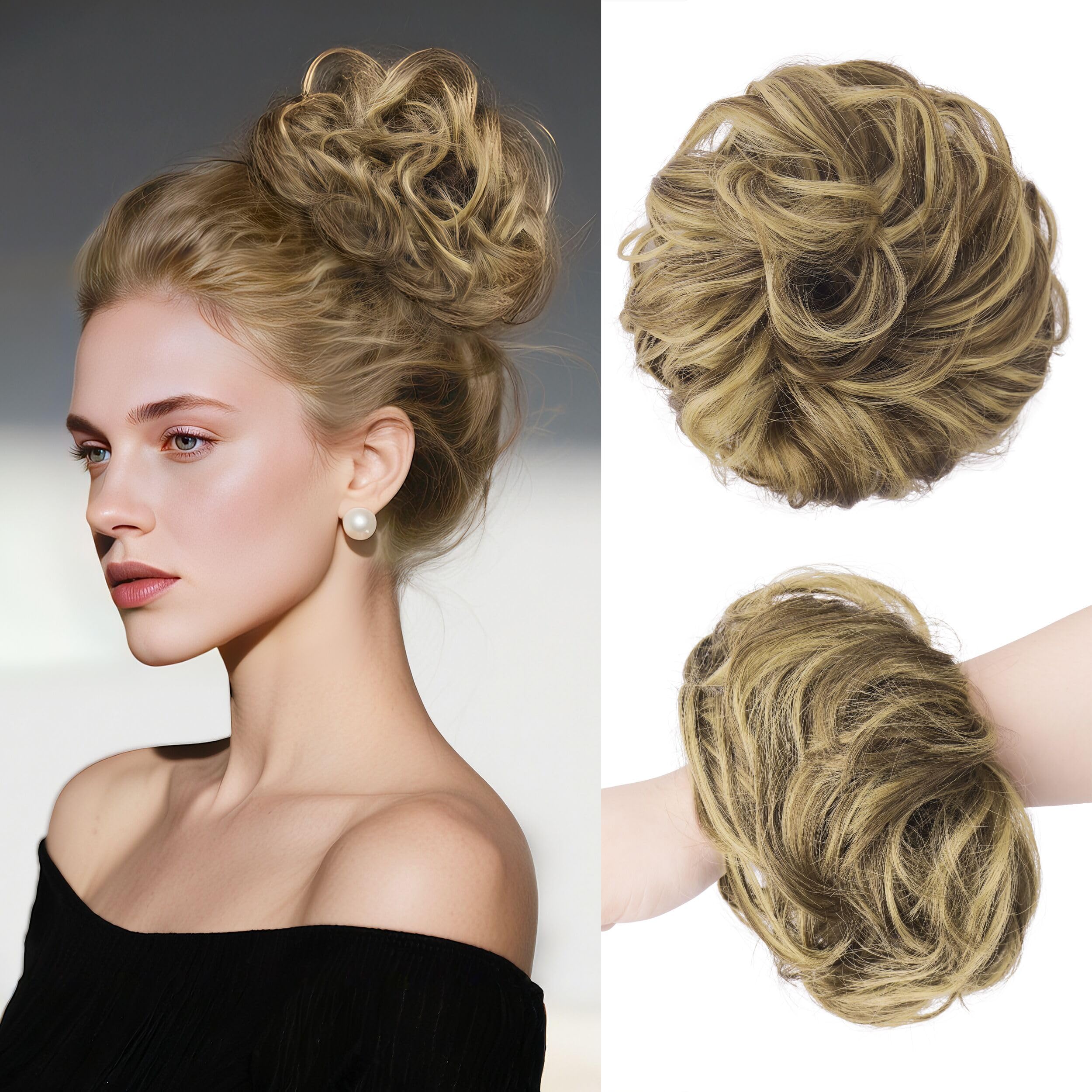 Photo 1 of FESHFEN Messy Bun Hair Pieces - Large Wavy Curly Elastic Hair Bun Scrunchies Ponytail Extensions Synthetic Chignon Hairpieces for Women, Ash Brown & Blonde 1.94oz