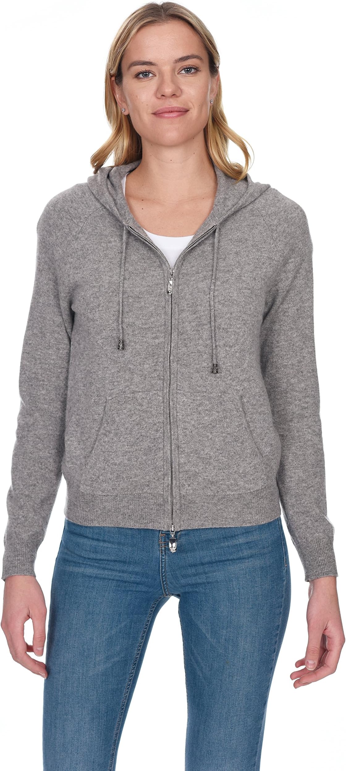 Women's Zip Up Hoodie Front Pocket 100% Pure Cashmere Long Sleeve Hooded Jumper Full Zipper