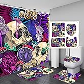 RinRinfam 4Pcs Skull Shower Curtain Set,Mushroom Shower Curtain Set Non-Slip Rug,Toilet Lid Cover,U Shape Mat,Waterproof Bathroom Decor Sets with 12 Hooks Purple