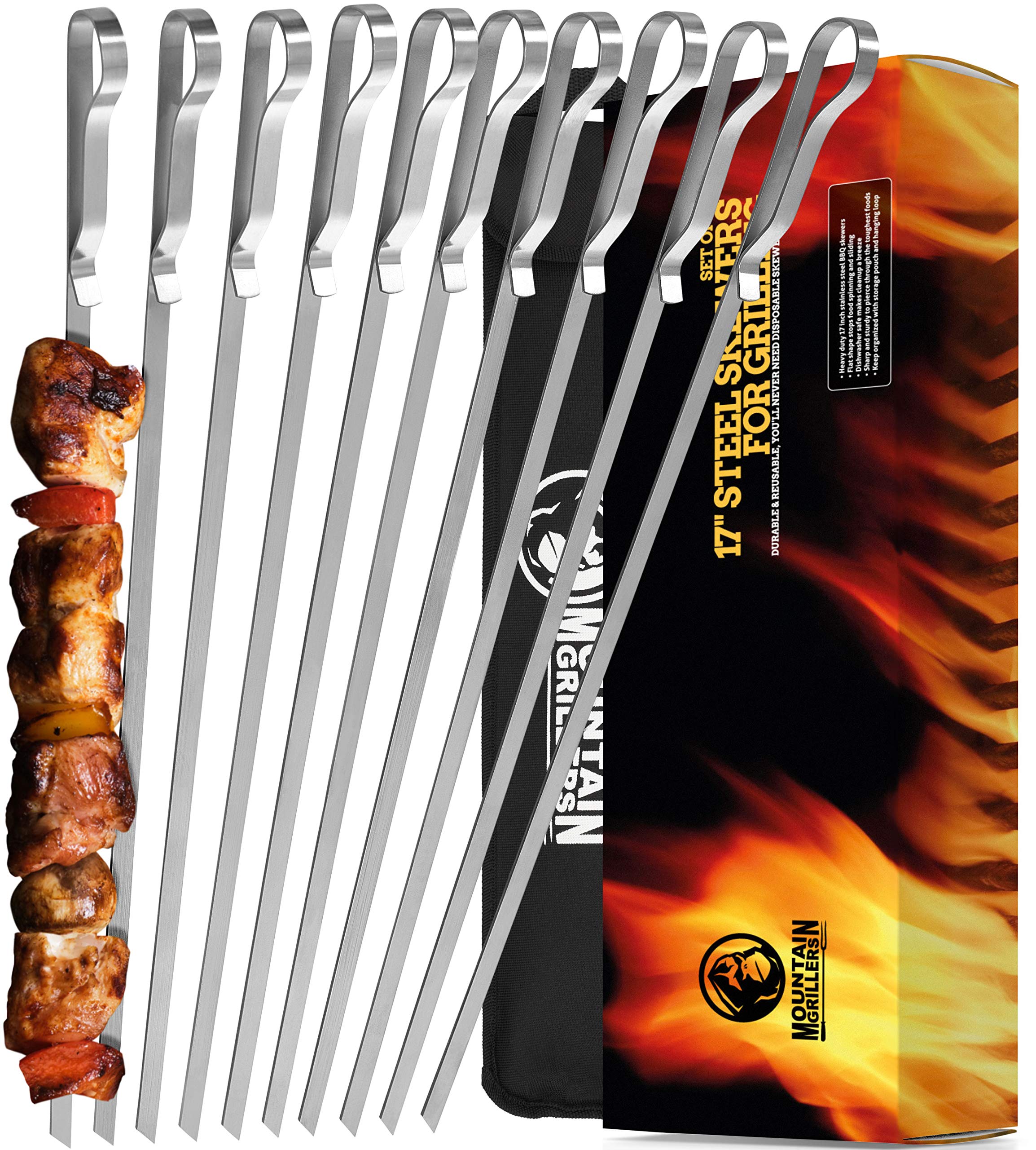 Mountain Grillers Kebab Skewers - 17” Stainless Steel Skewer Sticks - Long Reusable Flat Metal - BBQ Grill Essentials Metal Skewer - BBQ Skewers Set of 10 w/Handy Storage Bag