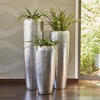 Edle & Hochwertige Pflanzvase/Pflanzkübel - Fiberglas - Mit Einsatz – Indoor – Metallic/Metallisch Blumenkübel/Pflanzgefäß/Vase/Kübel (Klein: 75cm, Silber)