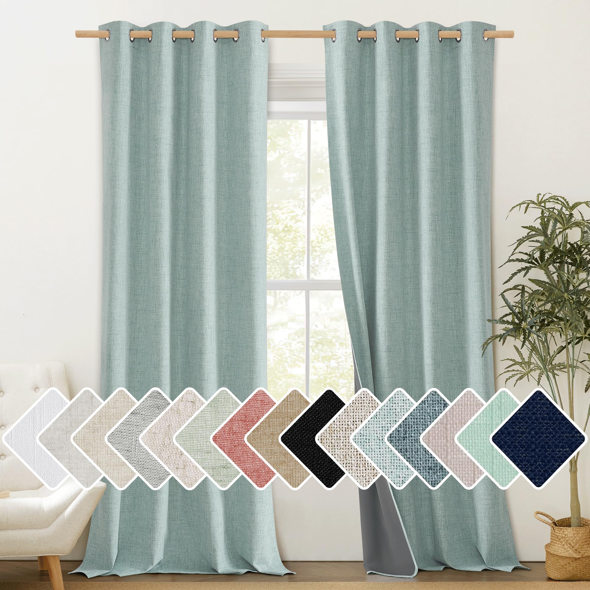 Photo 1 of NICETOWN 100% Absolutely Blackout Linen Curtains with Thermal Insulated White Liner, Seafoam Green, 52" Wide, 120" Length Energy Saving Curtains for Living Room 2 Panels Set, Vertical Blinds