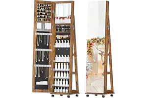 TJYGO Mirror Jewelry Cabinet Standing, Full Length Mirror Jewelry Armoire with Wheels, 360° Rotating Jewelry Storage with LED Lights, Lockable Jewelry Organizer for Girls