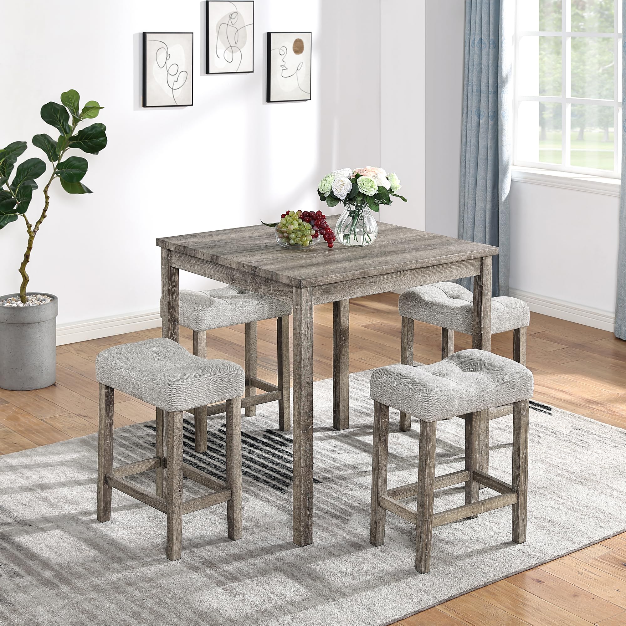 Photo 1 of KEIKI 5-Piece Wooden Counter Height Bar Table Set for 4 Person, Minimalist Table Set with Square MDF Pub Table and 4 Bar Stools with Solid Legs, Easy Assembly, for Kitchen, Dining Room, Brown