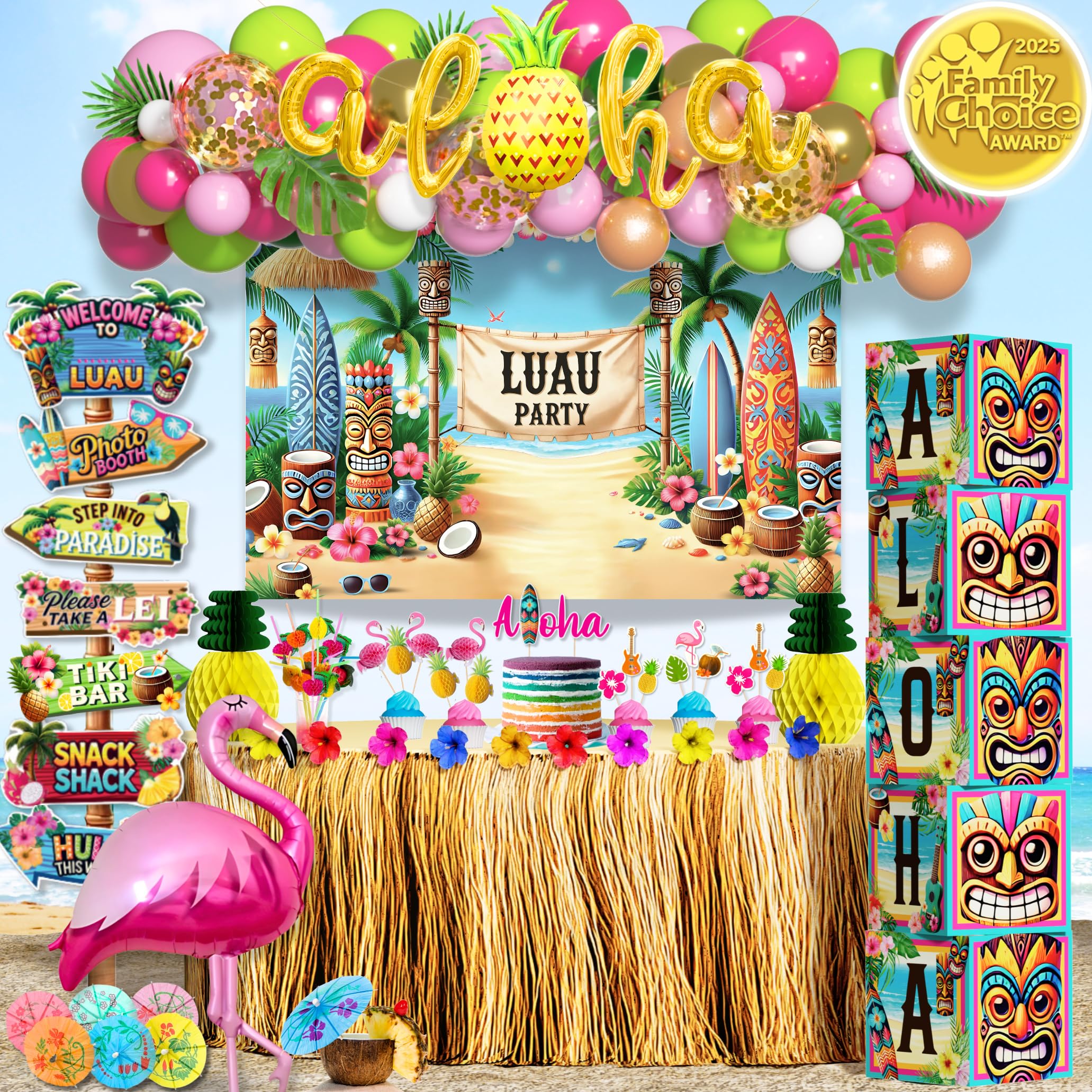 Photo 1 of 180 pc Luau Party Decorations Set – Hawaiian Birthday Party Decor with Balloons, Backdrop, Table Skirt, Toppers & More – Tropical Aloha Themed Supplies for Indoor & Outdoor Celebrations PLUS ALINK 50 Umbrella Parasol Drinking Straws, Hawaiian Beach Cockta