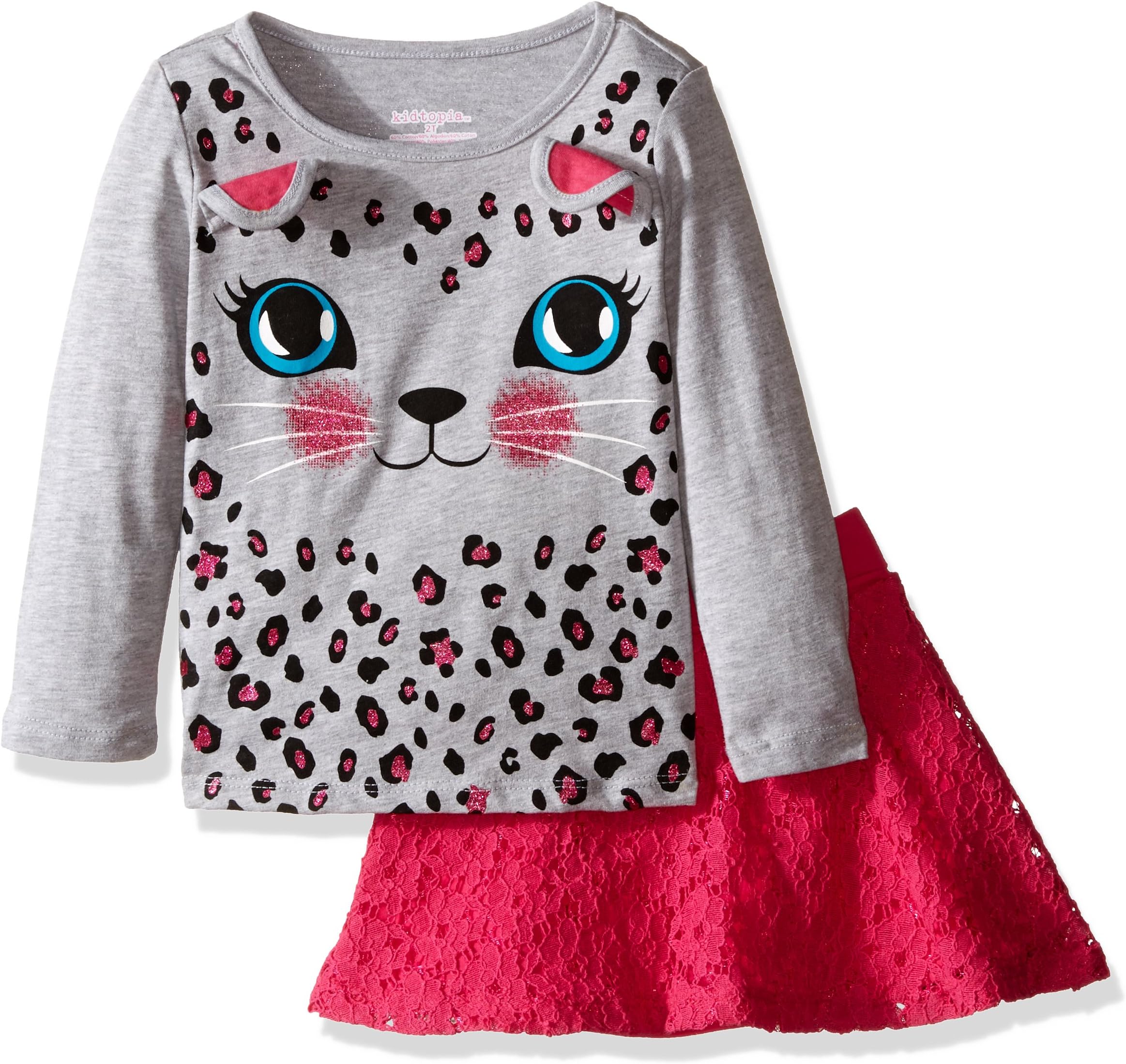 Kidtopia Girls' 2pc Set-Long Sleeve Cat 3D Top with Lace Skirt