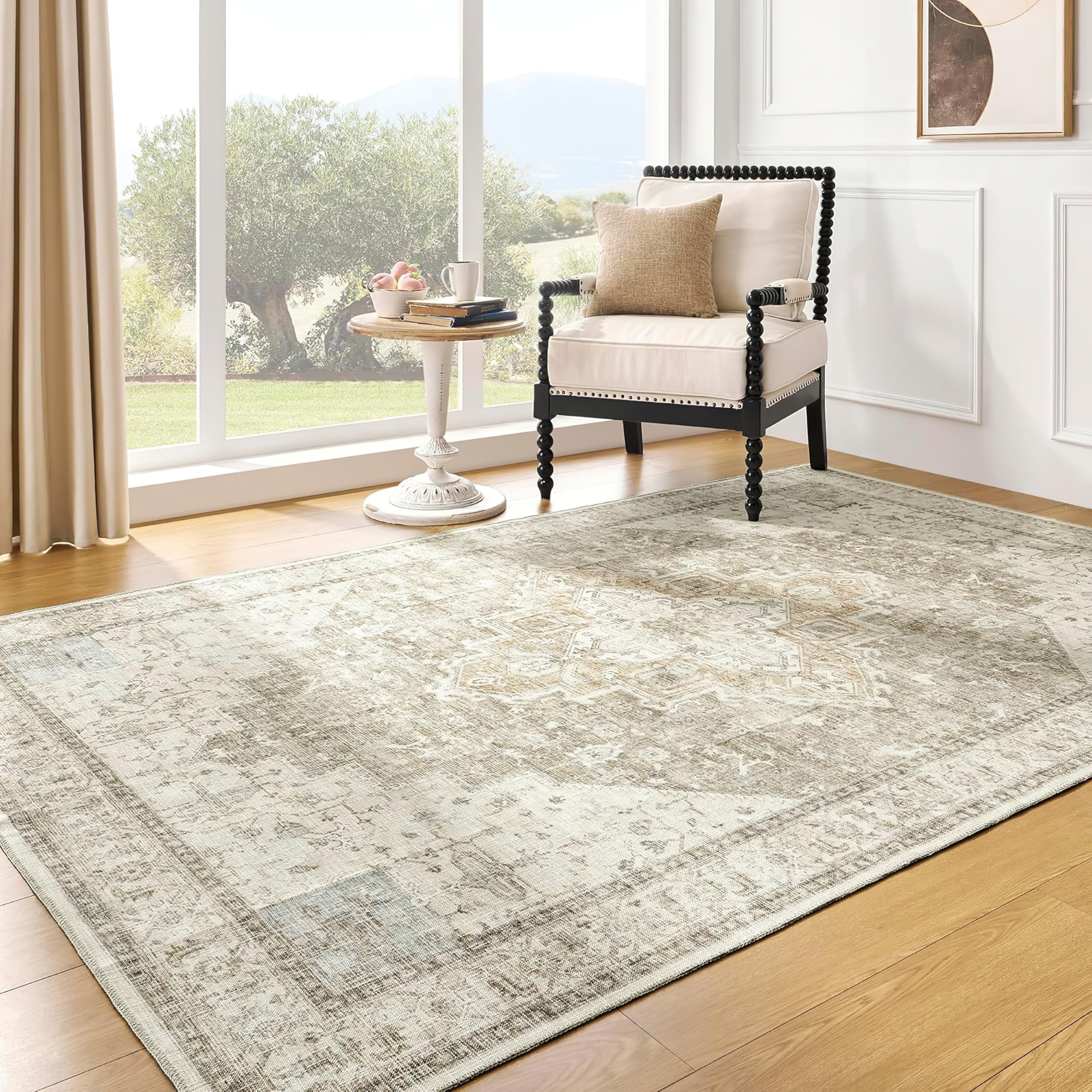 Photo 1 of BILEEHOME 4x6 Boho Neutral Living Room Rug Washable Vintage Rustic Persian Farmhouse Style Easy to Clean Stain Resistant Area Rugs for Dining Room, Light Tan Brown and Beige