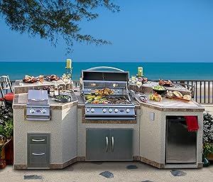  Cal Flame 3 Piece Outdoor Kitchen Island e3100 Island with 4-Burner Built in Grill, 30" Double Access Stainless Steel Door, Refrigerator with Two Tone...
