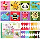 Caydo 8-in-1 Cross Stitch Kit for Beginners Kids, Beginner Cross Stitch Kit | 8PCS Plastic Canvas with Pre-Patterns, 13Colors Threads, Instructions, Embroidery Needles for Sewing and Coaster Needlepoint