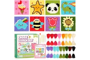 Caydo 8-in-1 Cross Stitch Kit for Beginners Kids, Includes 8 PCS Plastic Canvas with Pre-Patterns, 13 Colors Threads, Instructions, Embroidery Needles for Beginners Sewing