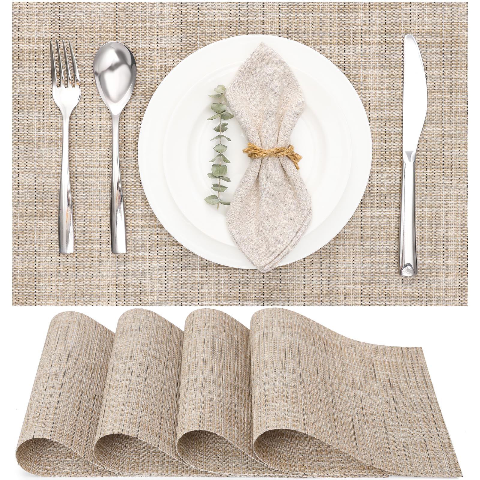 Myir JUN Table Mats Set of 4, Place Mats Table Placemats Washable Non-slip Heat Insulation Woven Vinyl for Kitchen Dinning Restaurant 17"X12" (Light Yellow)