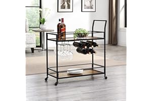 FirsTime & Co. Black and Brown Gardner Bar Cart, 2 Tier Mobile Mini Bar, Kitchen Serving Cart and Coffee Station with Storage for Wine and Glasses, Metal and Wood, Modern