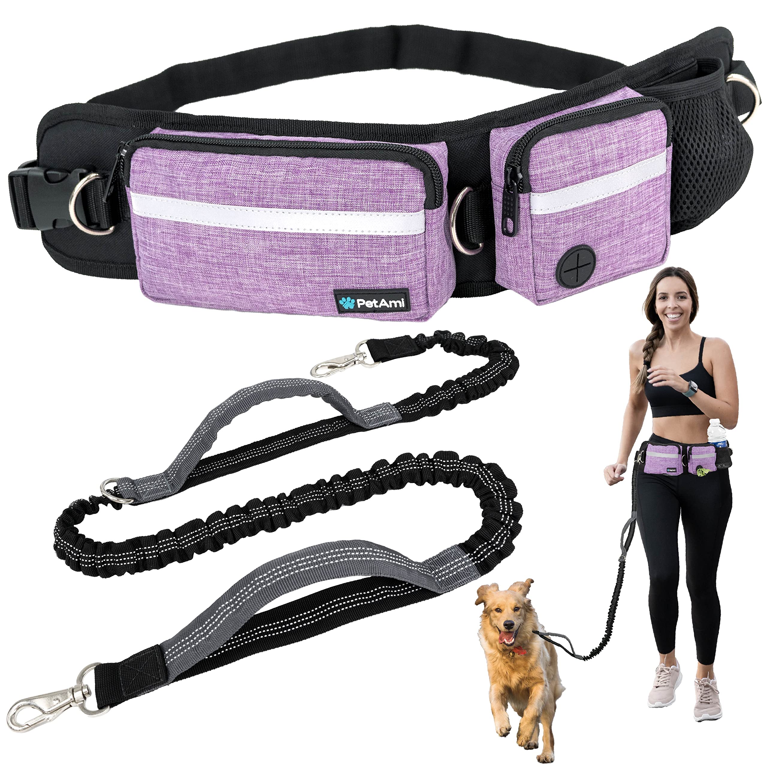 PetAmi Hands Free Dog Leash, Dog Running Leash Belt Bag for Walking, Jogging, Dog Waist Double Zipper Pouch with Poop Bag Dispenser, Dual Padded Handles Reflective Bungee Leash, Single