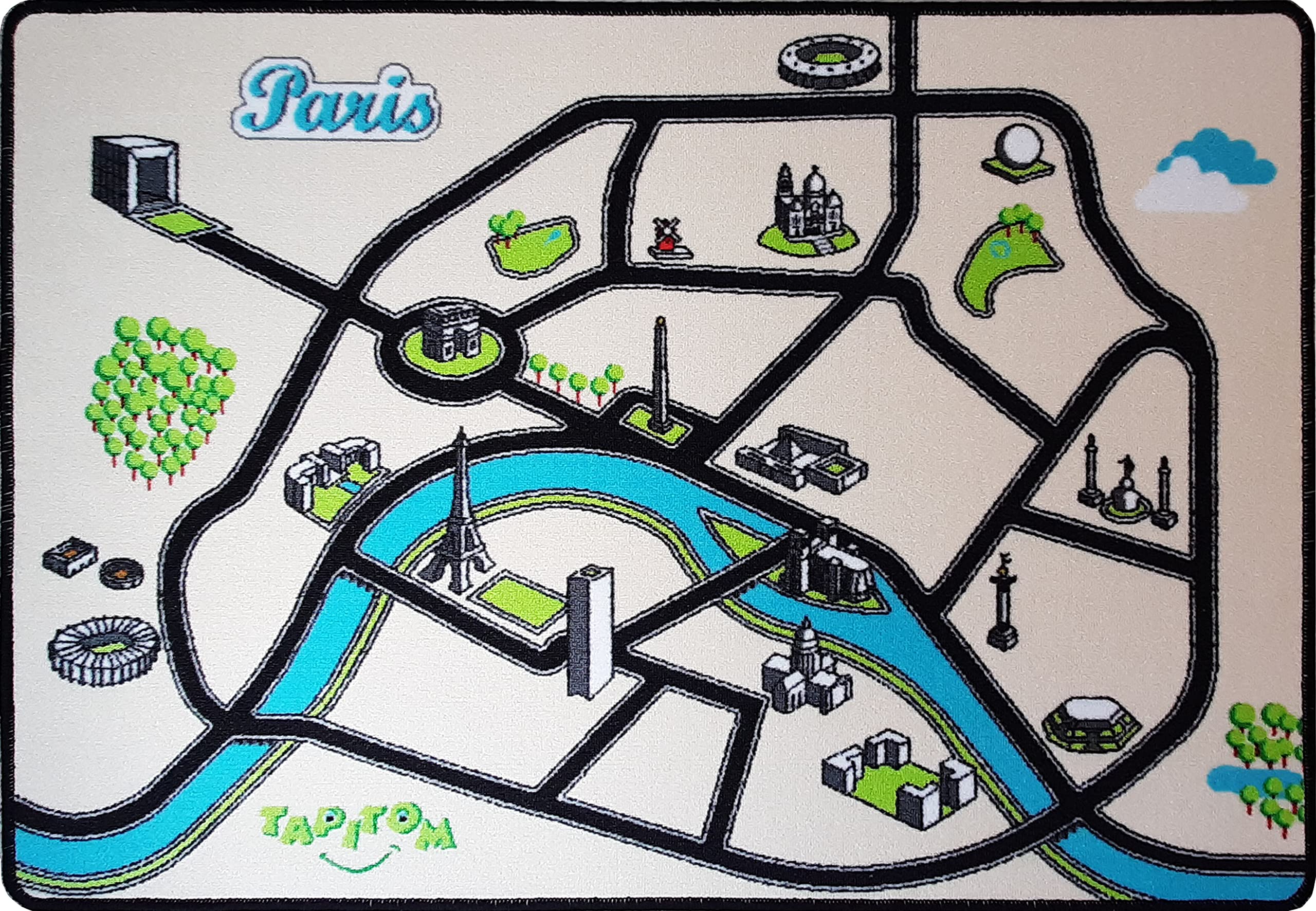 TAPITOM | Children's road rug in Paris - 95 x 133 cm (4,36 x 3,12 ft) | Circuit Play Mat | Paris universe children's room mat | Non-slip, hem | CE standards
