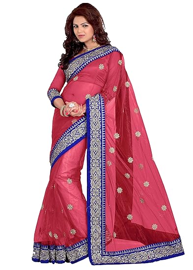 Womens Net with Embroidered Contrast Lace Border Style Saree with Matching Blouse (5376 - Crimson )