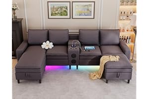 HYZQ Sectional Couches for Living Room, 4 Seat Sectional Sofa with Smart Module-Bluetooth Speaker/RGB Light/Charging Station, Teddy Fleece U Shaped Cloud Couch with Storage Ottoman (Dark Grey)