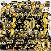 Mpanwen 30th Birthday Decorations, 125 Pcs Gold and Black 30 Year Old Men Bday Party Decor Supplies for Him with Backdrop, Banner, Tablecloth, Centerpieces, Hanging Swirls, Sash, Hat, Wall Signs
