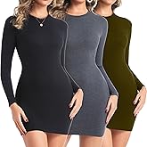 Chongbaijia 3 Pack Long Sleeve Dress for Women Ribbed Knit Crewneck Fall Winter 2026 Fashion Bodycon Mini Short Dresses
