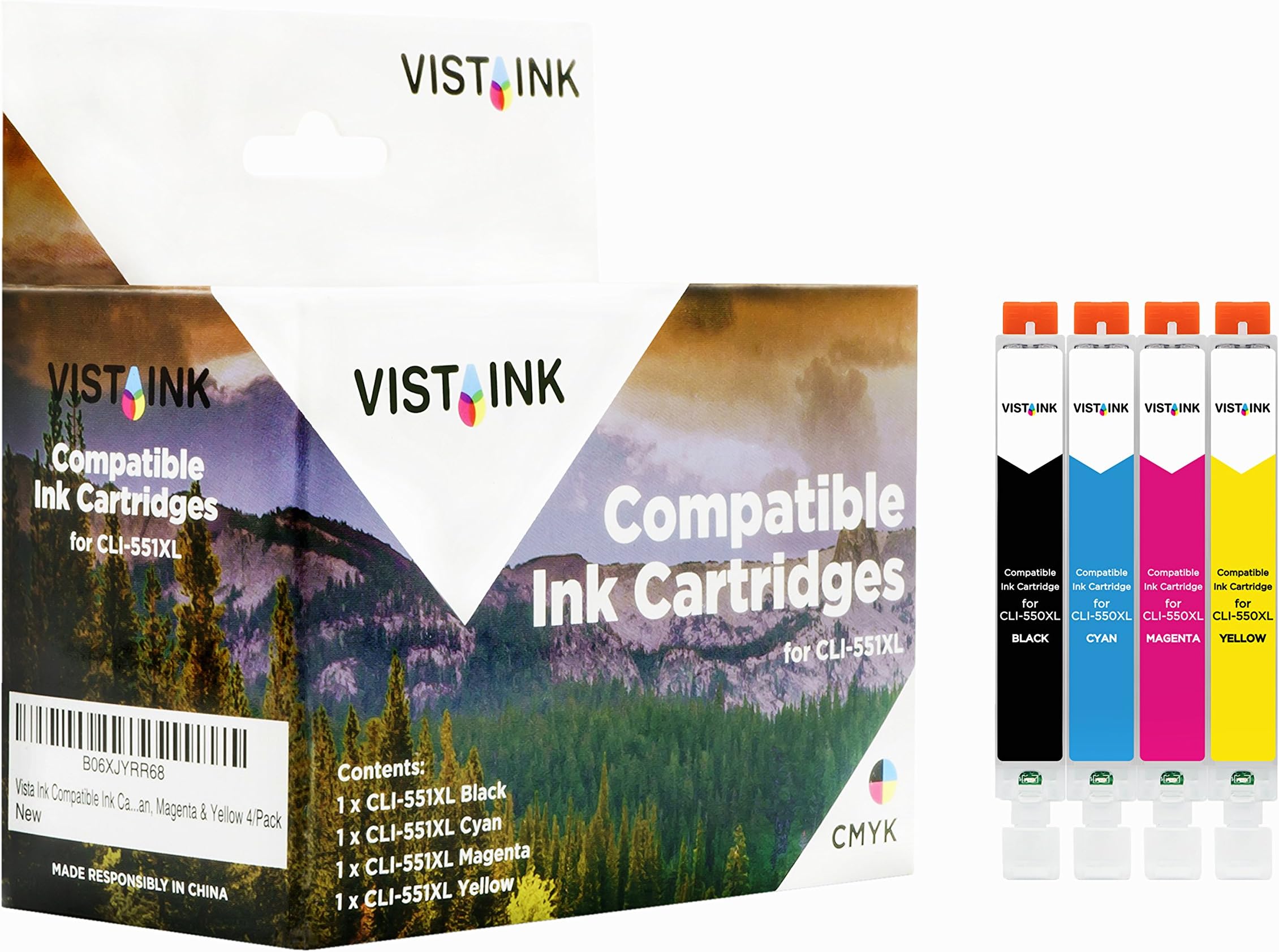 Vista Ink Cannon CLI-55XL 4- pack, Black, Cyan, Magenta, Yellow Compatible Ink Cartridges