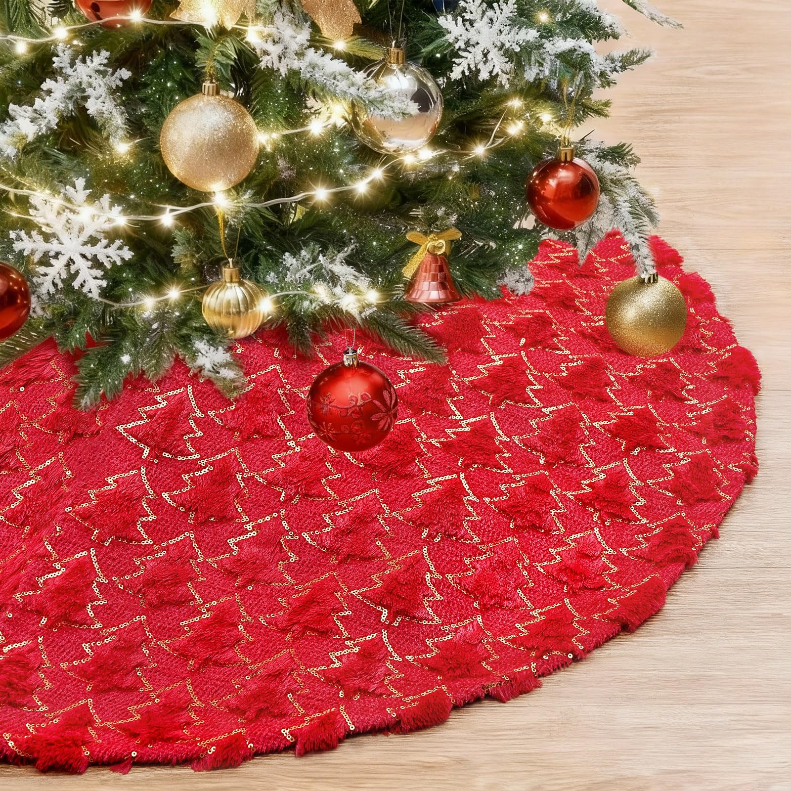 Photo 1 of Faux Fur Christmas Tree Skirt Sequin Trees Tree Skirt Red Tree Skirts 36 Inch for Party Christmas Tree Xmas Decorations