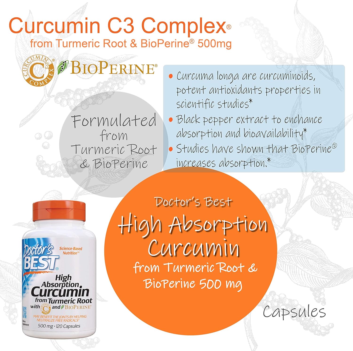 Doctor's Best DRB-00107 High Absorption Curcumin From Turmeric Root with C3 Complex & BioPerine 500mg (120 Capsules): Health & Personal Care