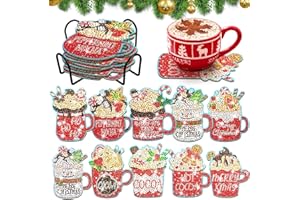 YLOLUL 10 Pcs Christmas Hot Cocoa Diamond Art Coasters Kits Hot Cocoa Diamond Art Coasters with Holder Christmas Coasters for Beginners Adults and Kids Art Craft Supplies Gift
