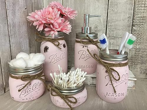 Amazon Com Painted Mason Jar Bathroom Set 0f 5 Powder Pink Rustic Distressed Farmhouse Decor Bathroom Soap Dispenser Painted Mason Jar Burlap Bowtique Handmade