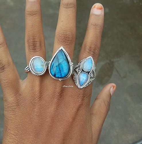 Natural Rainbow Moonstone Ring, Labradorite Ring, Blue Fire